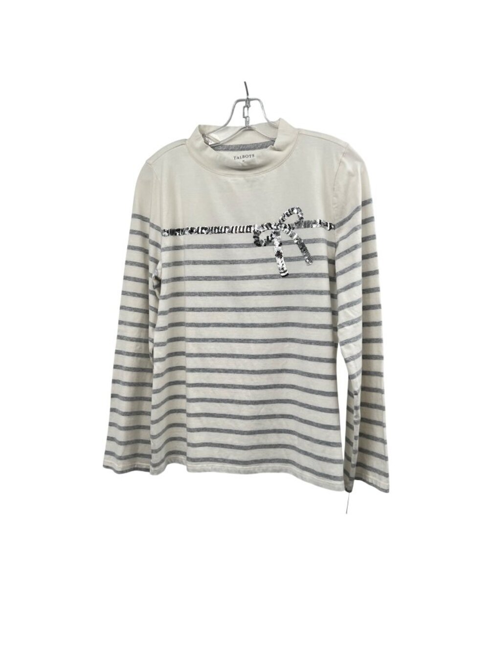 Talbots Striped Long Sleeve Top Sequin Bow Ivory/Gray Size Medium New